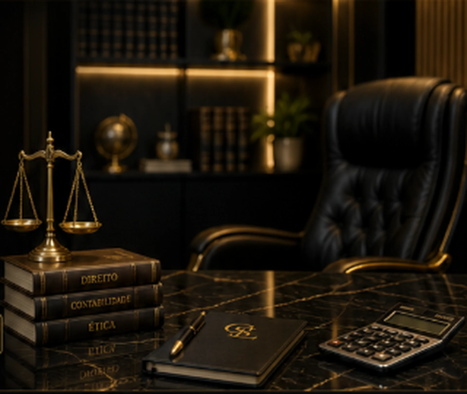 Mesa de escritório jurídico com balança da justiça, livros de direito e contabilidade, calculadora e poltrona executiva